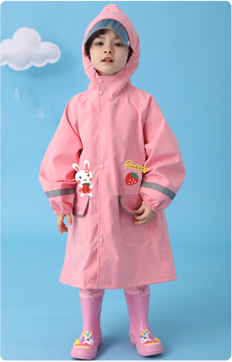 防水防風草莓兔兔粉色可背書包兒童雨衣